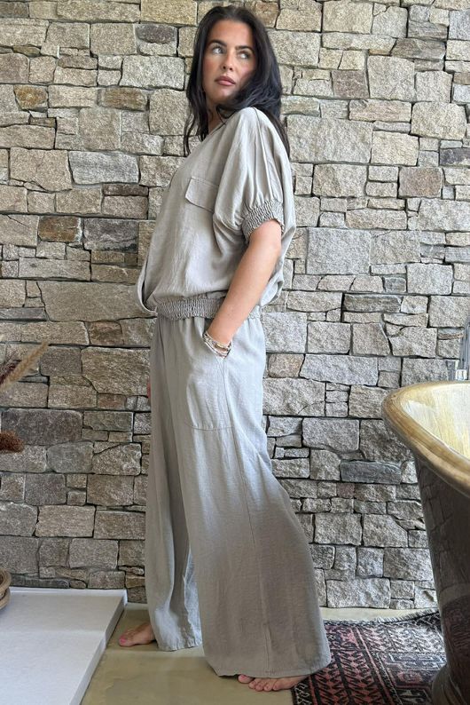 Basso Button Drape Cap Sleeve Shirt Earth